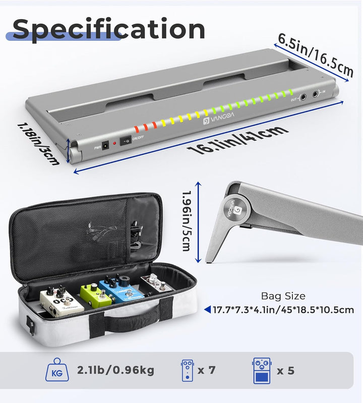 Vangoa Gitarren-Pedalboard mit eingebauter, isolierter Stromversorgung, VPPD-S Aluminium, klein, tra