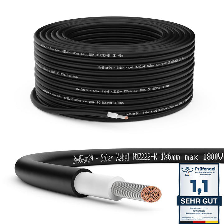 RedStar24 Solarkabel 6mm² Schwarz - 100m - TÜV-zertifiziert - UV-beständig, flexibel, Photovoltaik ,