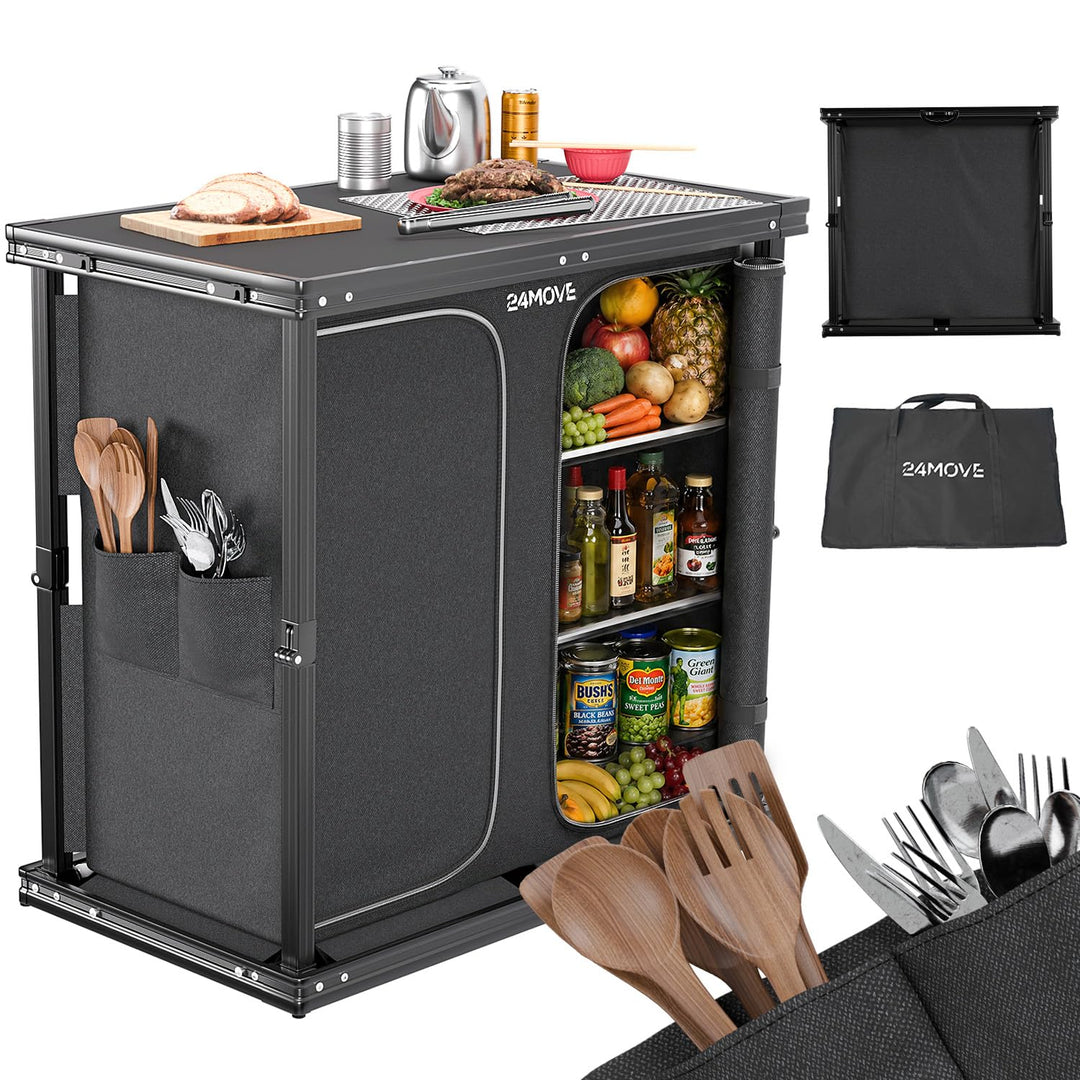 24MOVE® Campingküche faltbar, höhenverstellbarer Campingschrank Alu Reiseküche mit Arbeitsplatte und