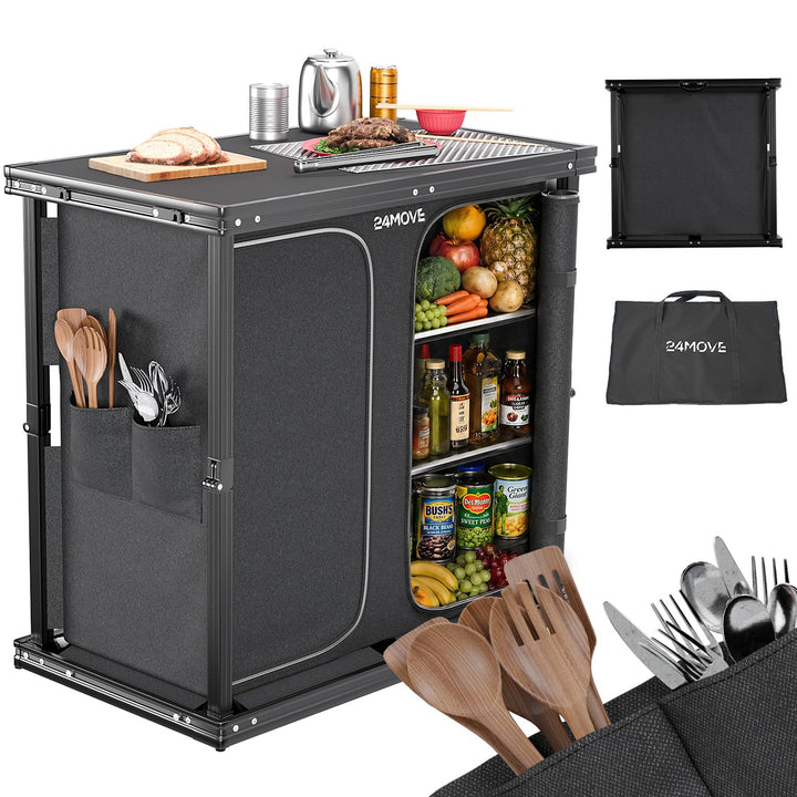 24MOVE® Campingküche faltbar, höhenverstellbarer Campingschrank Alu Reiseküche mit Arbeitsplatte und