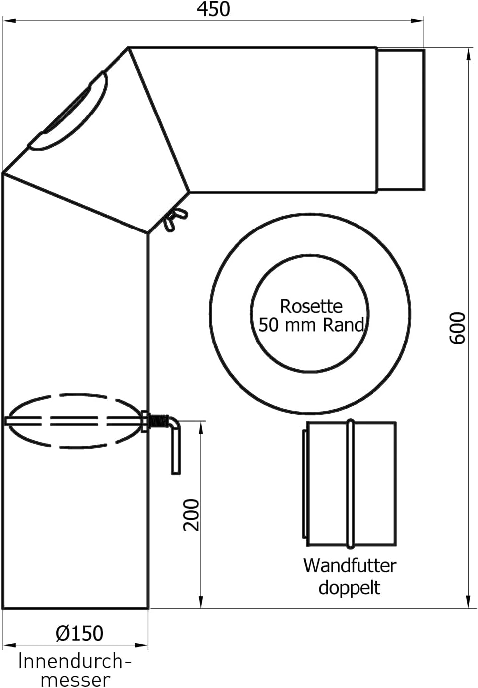raik Rauchrohr Ofenrohr Set 150 mm gussgrau 90 Grad Bogen dreiteilig mit Zugregulierung und Reinigun