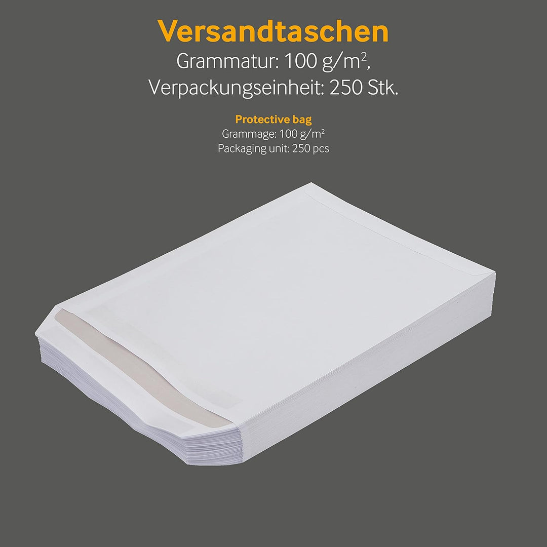 250 Stück, Versandtaschen, DIN C4, Selbstklebung, Gerade Klappe, 100 g/qm Offset, Ohne Fenster, Weis