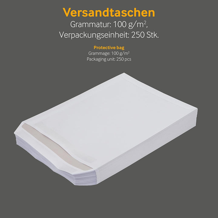 250 Stück, Versandtaschen, DIN C4, Selbstklebung, Gerade Klappe, 100 g/qm Offset, Ohne Fenster, Weis