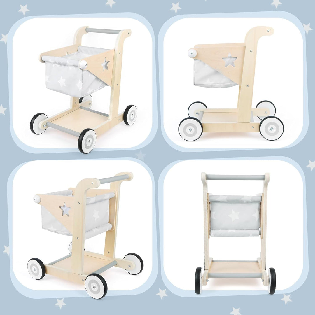 Asweets 2-in-1 Lauflernwagen Holz, Puppenwagen zum Schieben und Ziehen, Baby Walker, Kleinkindspielz