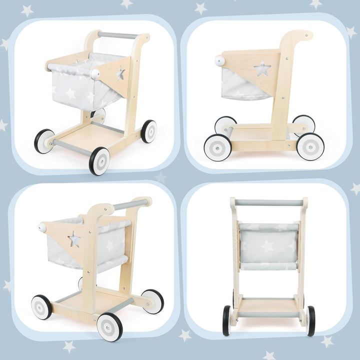 Asweets 2-in-1 Lauflernwagen Holz, Puppenwagen zum Schieben und Ziehen, Baby Walker, Kleinkindspielz