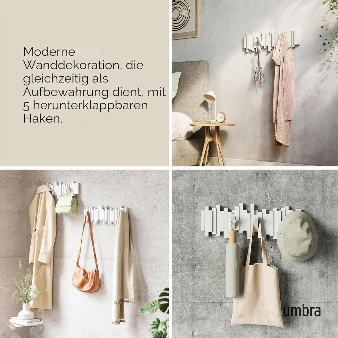 Umbra Stäbchen Garderobenhaken – Moderne und Platzsparende Garderobenleiste mit 5 Beweglichen Haken