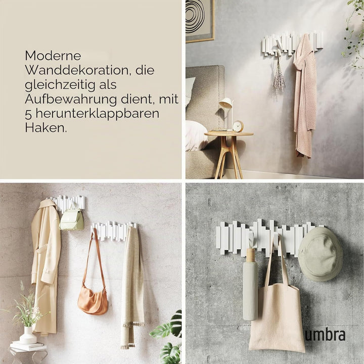 Umbra Stäbchen Garderobenhaken – Moderne und Platzsparende Garderobenleiste mit 5 Beweglichen Haken