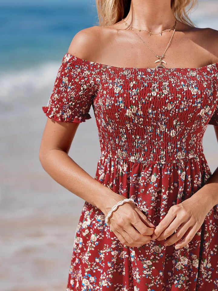 CUPSHE Damen Sommerkleid Schulterfreies Kleid Kurzarm Beinschlitz Blumenmuster Gesmokte Freizeitklei