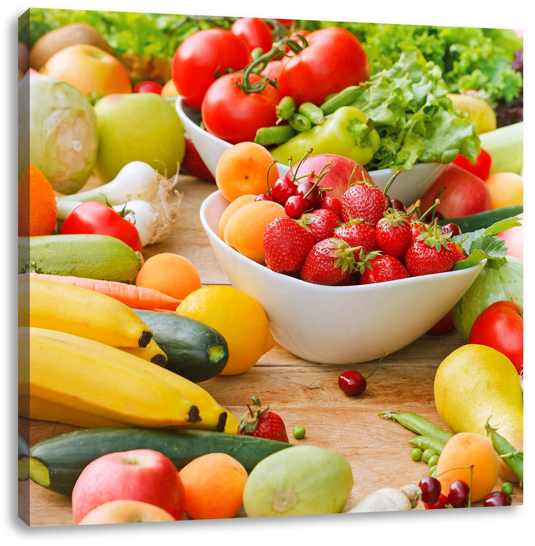 Buntes Obst und Gemüse, Format: 70x70 auf Leinwand, XXL riesige Bilder fertig gerahmt mit Keilrahmen