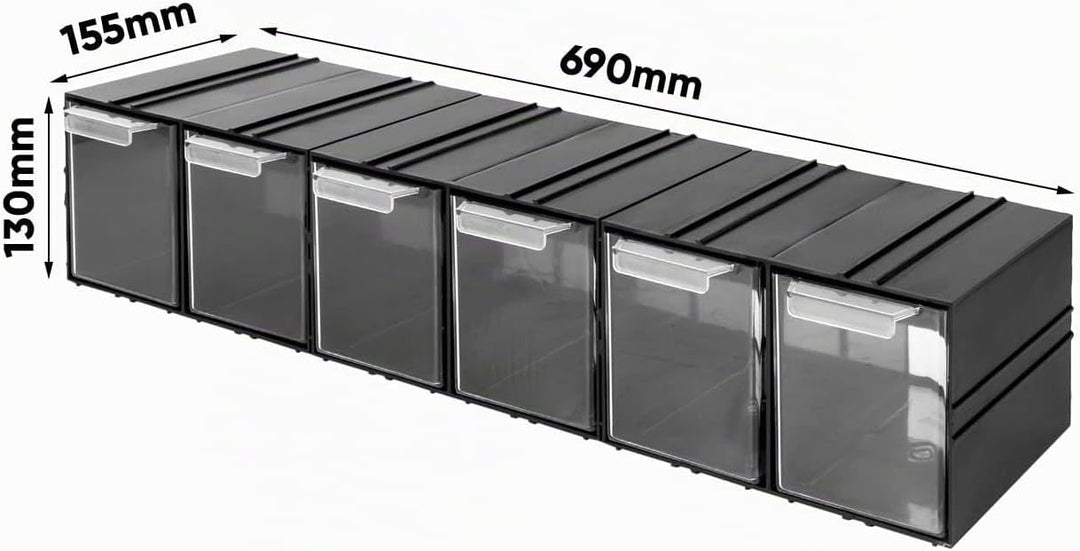 Aufbewahrungsbox mit Schubfächern Sortimentskasten - 6 Stück Transparent Schubladen - 690 x 155 x 13