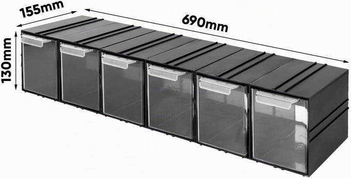 Aufbewahrungsbox mit Schubfächern Sortimentskasten - 6 Stück Transparent Schubladen - 690 x 155 x 13