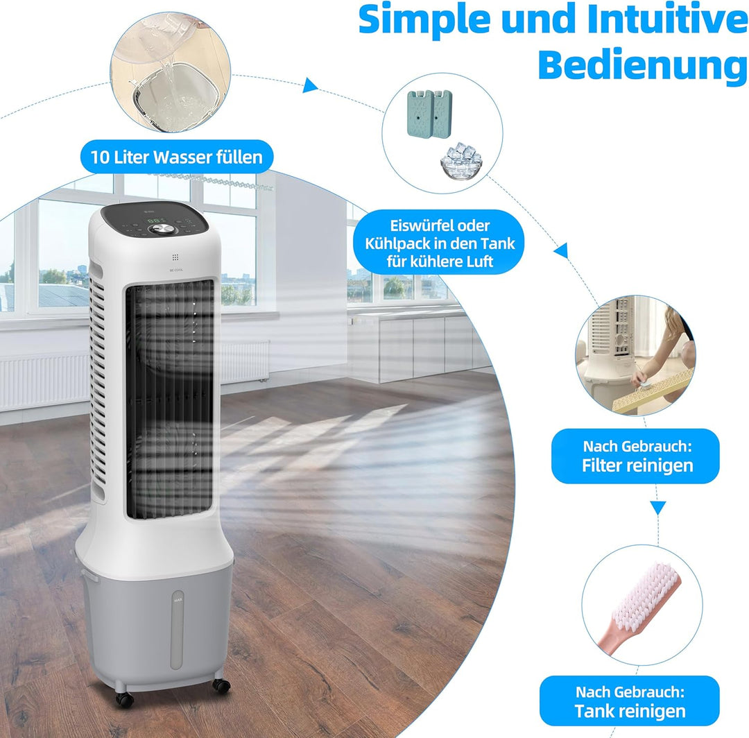 BE COOL Premium Turmluftkühler mit 10L Wassertank & WLAN – 38W, 24 Geschwindigkeiten, 3 Windmodi, 12