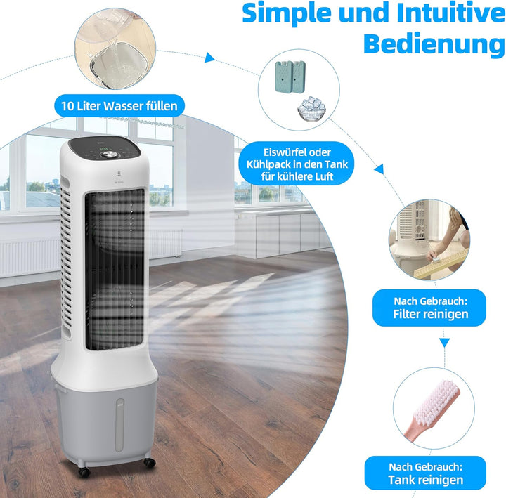 BE COOL Premium Turmluftkühler mit 10L Wassertank & WLAN – 38W, 24 Geschwindigkeiten, 3 Windmodi, 12