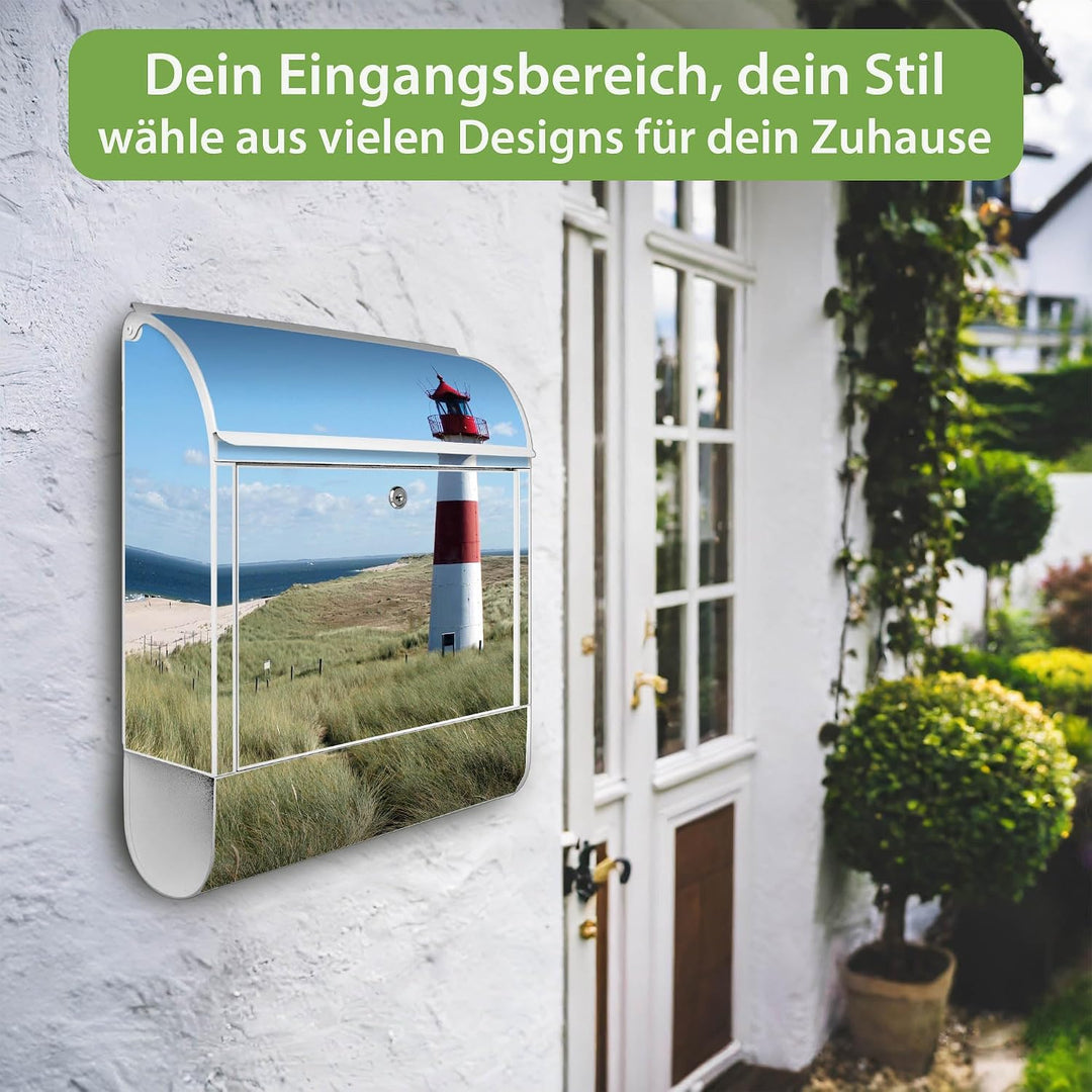 banjado® Design Briefkasten mit Motiv Leuchtturm 39x47x14cm &amp; 2 Schlüssel - Briefkasten Stahl weiss