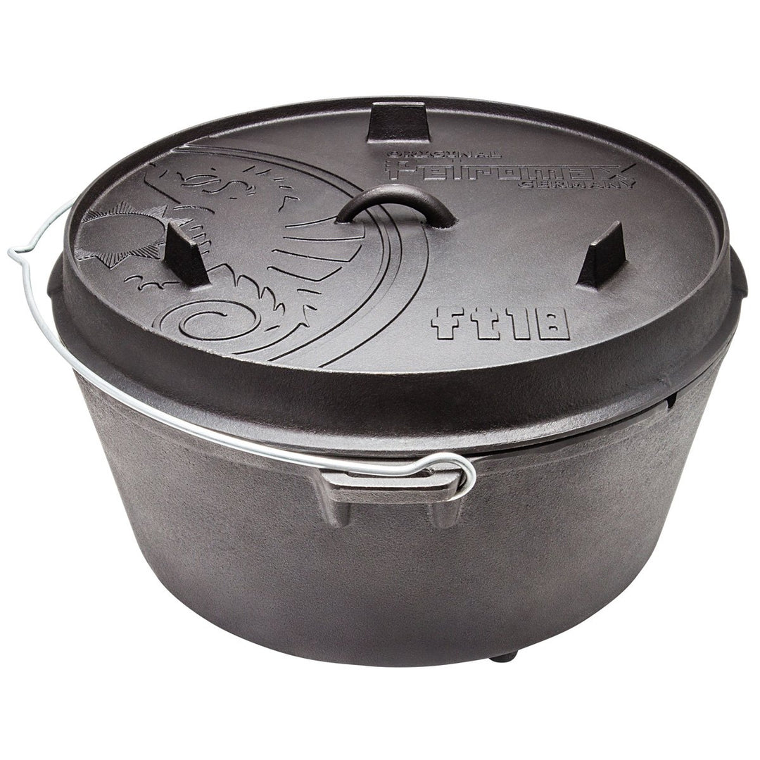 Feuertopf ft18 aus Gusseisen Deckel auch als Pfanne nutzbar mit Füssen • Dutch Oven Schmortopf Grill