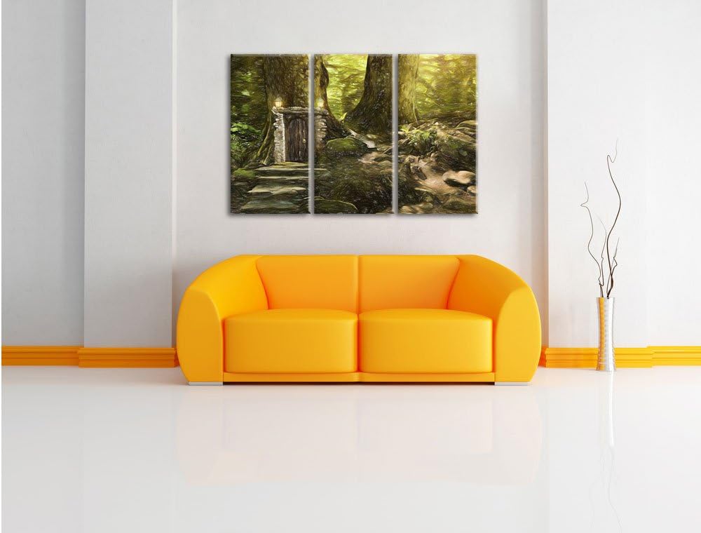 Pixxprint Geheimes Tor im Wald / 3-Teilig/Gesamtmass 120cm Leinwandbild bespannt auf Holzrahmen/Wand