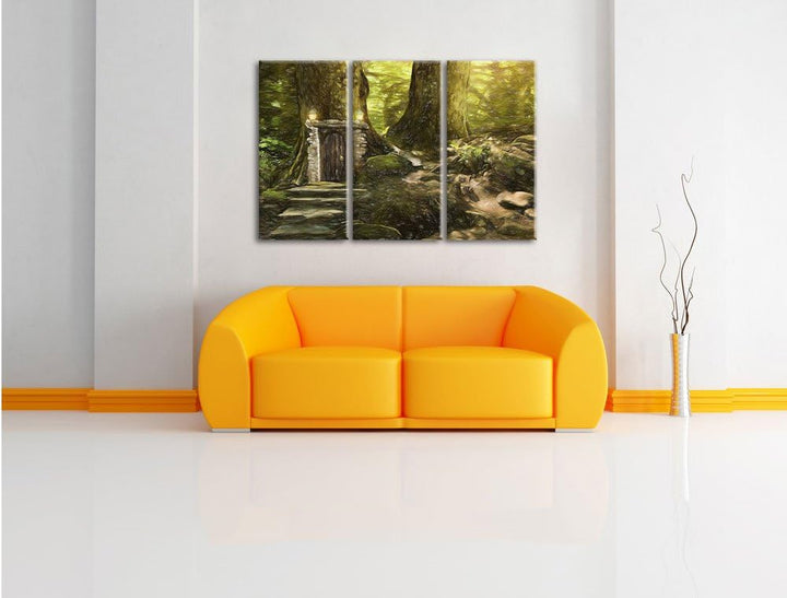 Pixxprint Geheimes Tor im Wald / 3-Teilig/Gesamtmass 120cm Leinwandbild bespannt auf Holzrahmen/Wand