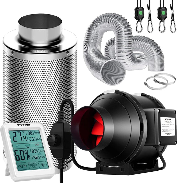 VIVOSUN Inline-Rohrventilator 100mm Abluftventilator 323m³/h mit Drehzahlregler 100mm Aktivkohlefilt