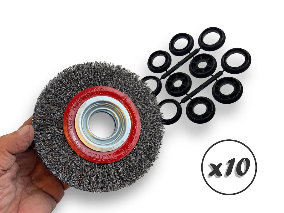 10er-Set Rundbürsten STAHL | Ø 150 mm | 2-reihig | Harte, gewellte Drähte 0,30 mm | Bohrung 32 mm +