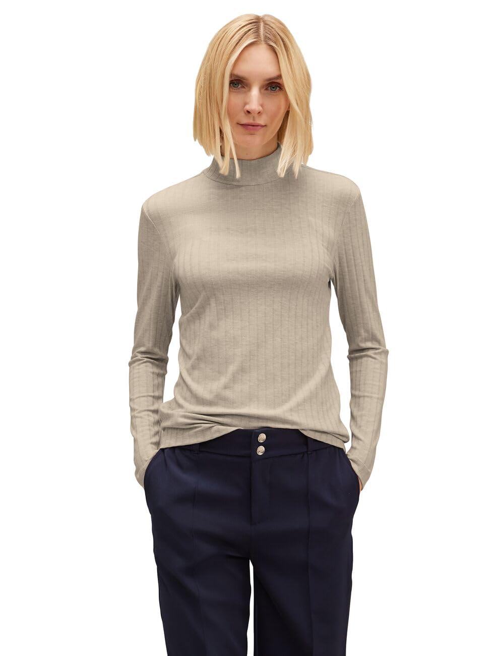 STREET ONE Damen A320679 Langarmshirt Gerippt (1er Pack) 40 Spring Sand Melange, 40 Spring Sand Mela