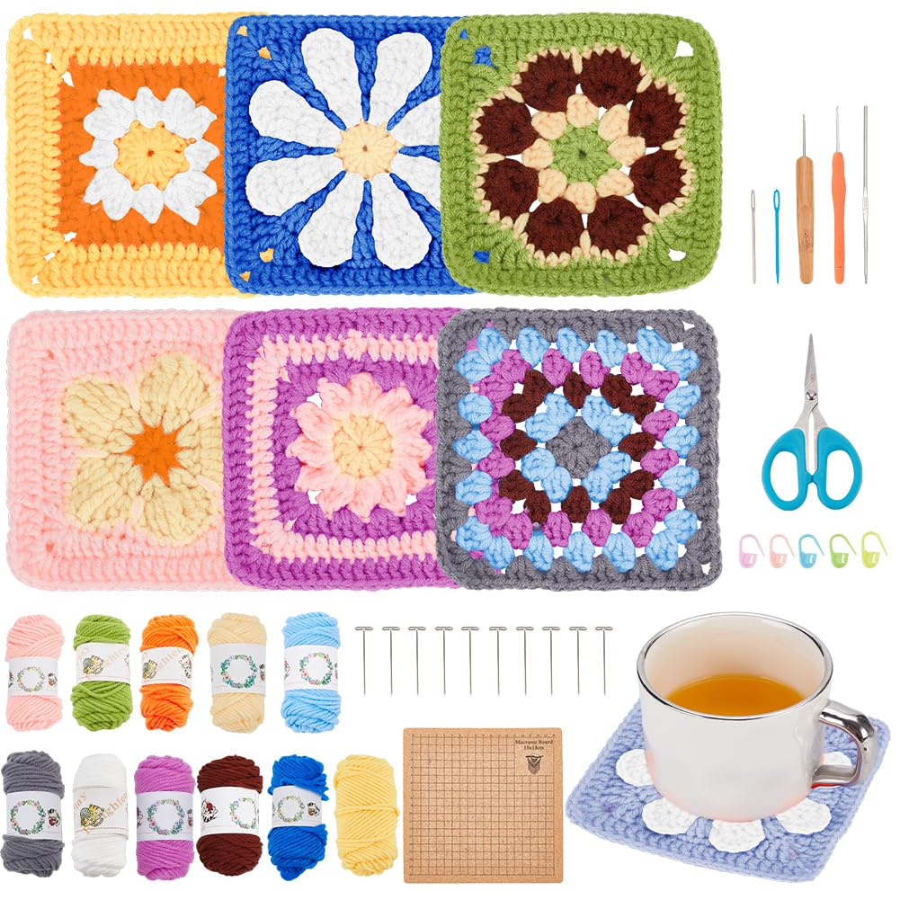 ORIGACH 6 in 1 Granny Square Häkelset Für Anfänger, DIY Starter Häkelset Für Erwachsene Mit Häkelblo