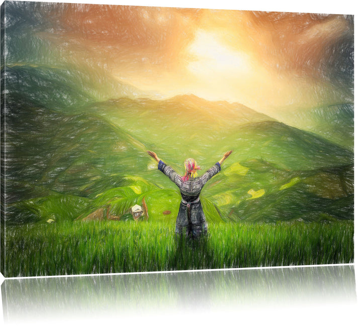 Pixxprint Berg Farm in Asien / 100x70cm Leinwandbild bespannt auf Holzrahmen/Wandbild Kunstdruck Dek