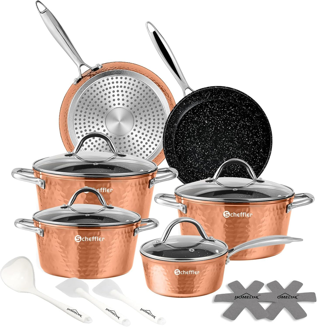 Topfset,Scheffler Topfset Induktion 15-teilig, Induktions Töpfe Set, Töpfe mit Glasdeckel, Kochtopf-