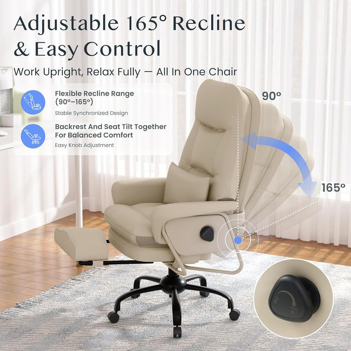 FLEXISPOT Ergonomischer Bürostuhl mit Fussstütze Chefsessel mit 160° Liegefunktion, Dickem PU-Komfor