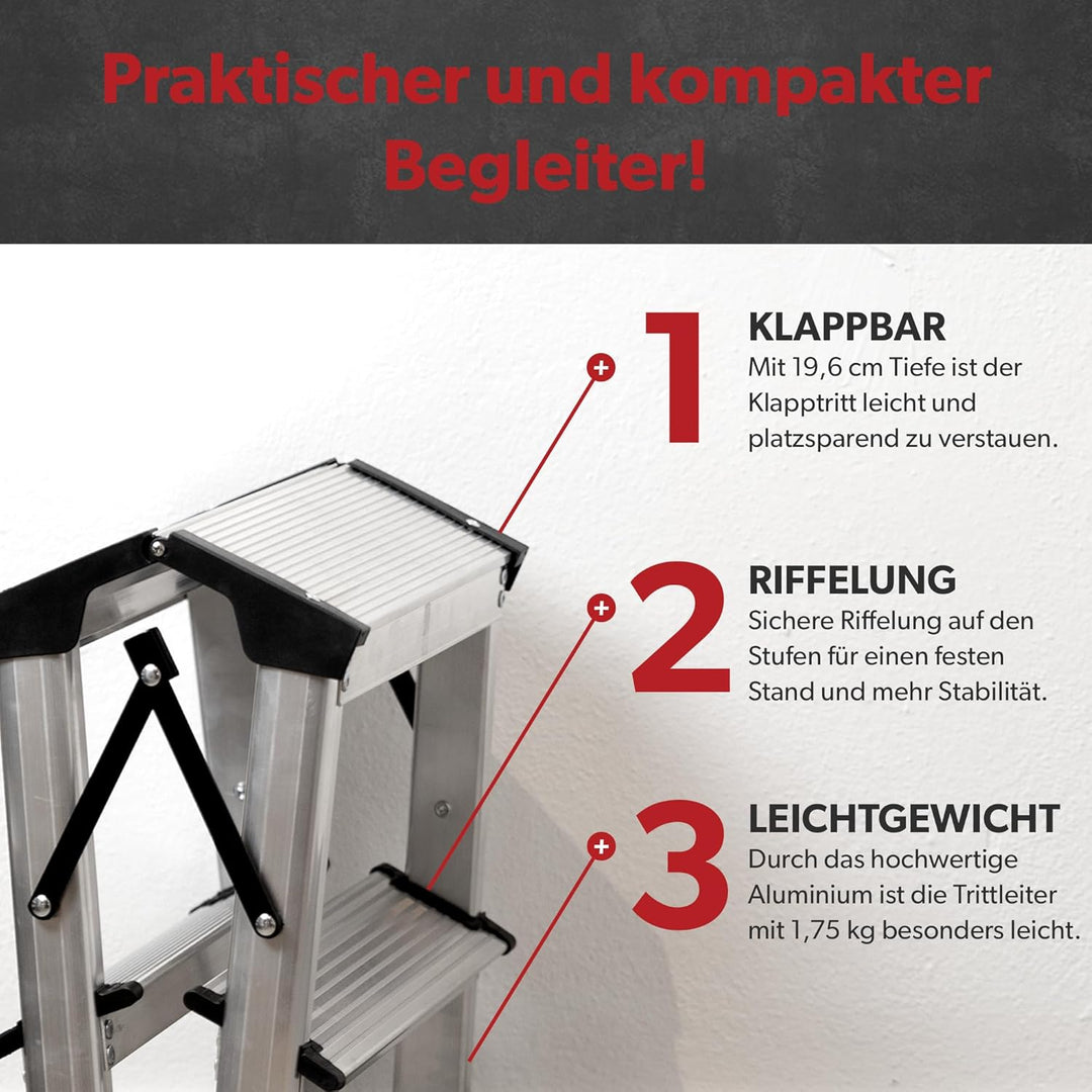 siwitec Alumium-Klapptritt 2 Stufen | Kleine Trittleiter | rutschfeste Standfüsse | 150 kg Traglast