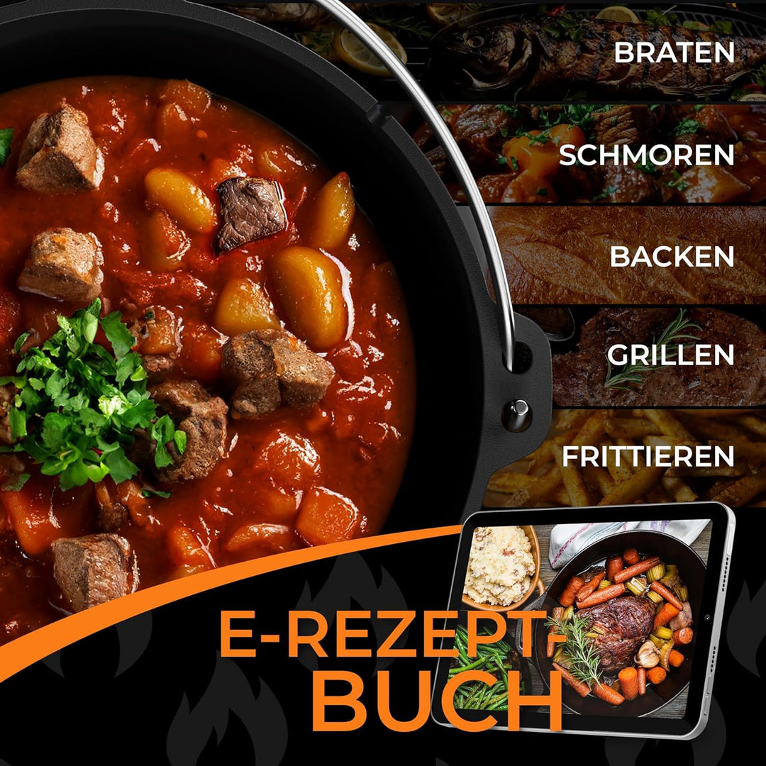 IRON TASTE Dutch Oven Set 12L - Eingebrannter Dutch Oven 12 Liter - Feuertopf Gusseiserner Topf mit