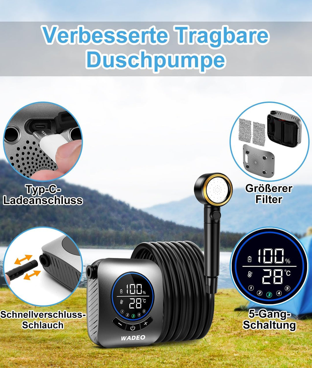 WADEO Tragbare Dusche mit Pumpe, 8000mAh wiederaufladbare Campingdusche mit LED-Anzeige, Schnellkupp