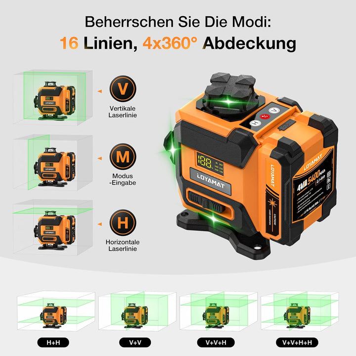 16-Linien grüner Kreuzlinienlaser, Laser-Wasserwaage mit Stativ – 4×360° selbstnivellierender Laser