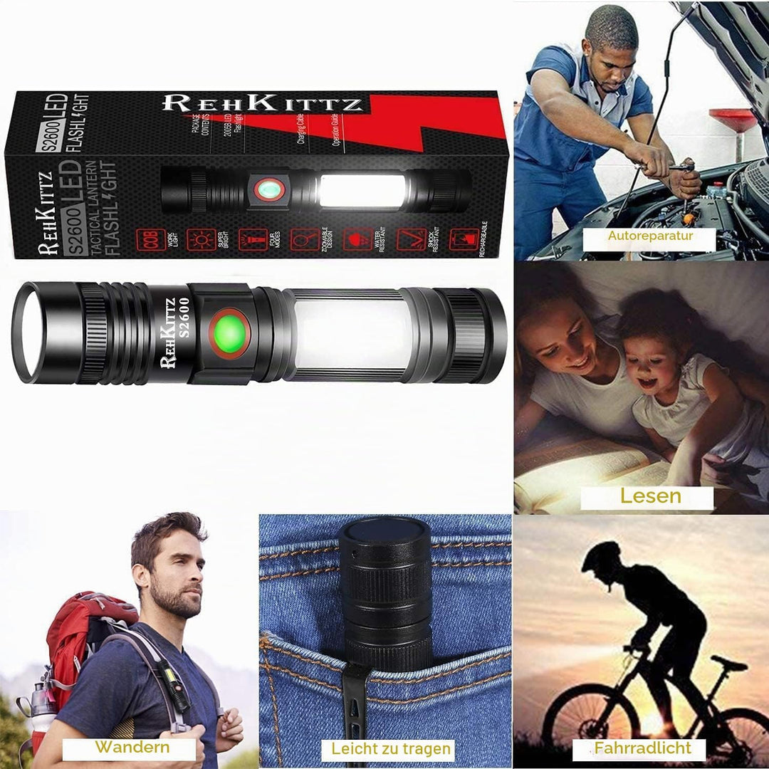 REHKITTZ LED Taschenlampe Extrem Hell 2000 Lumen,(mit 2500mAh Akku) Wiederaufladbare Taschenlampe LE