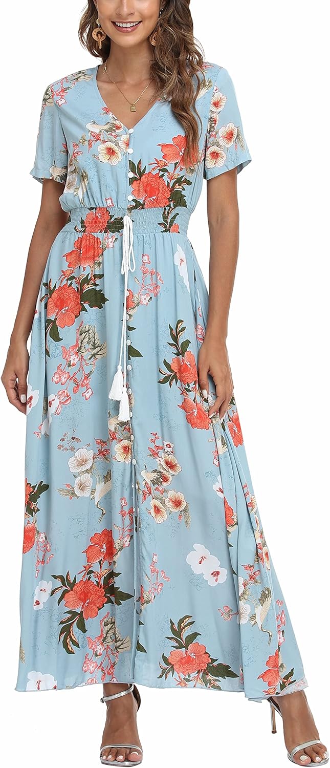 VOGMATE Damen Lange Split Knopf Up Sommer Maxikleid Floral Strandwear Holidy Kleid Hohe Taille mit k