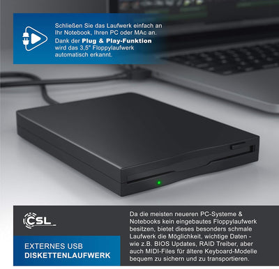 CSL - Externes USB Diskettenlaufwerk FDD 1,44MB 3,5 Zoll - PC und MAC - Slimline Floppy Disk Drive E