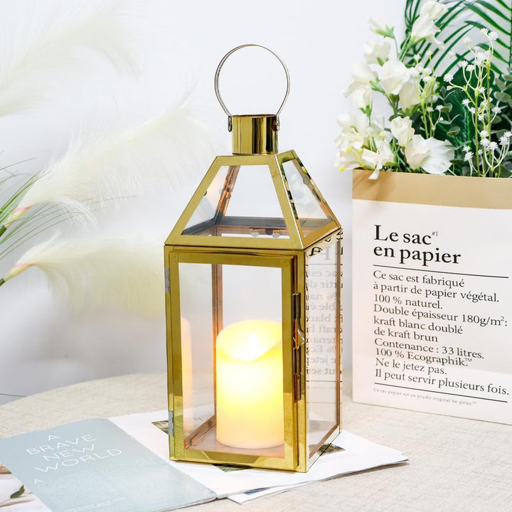 JHY Design Gold Dekorative Laternen Edelstahl Kerzenlaternen, 34cm hoch Hängende Laterne Balkon Zube