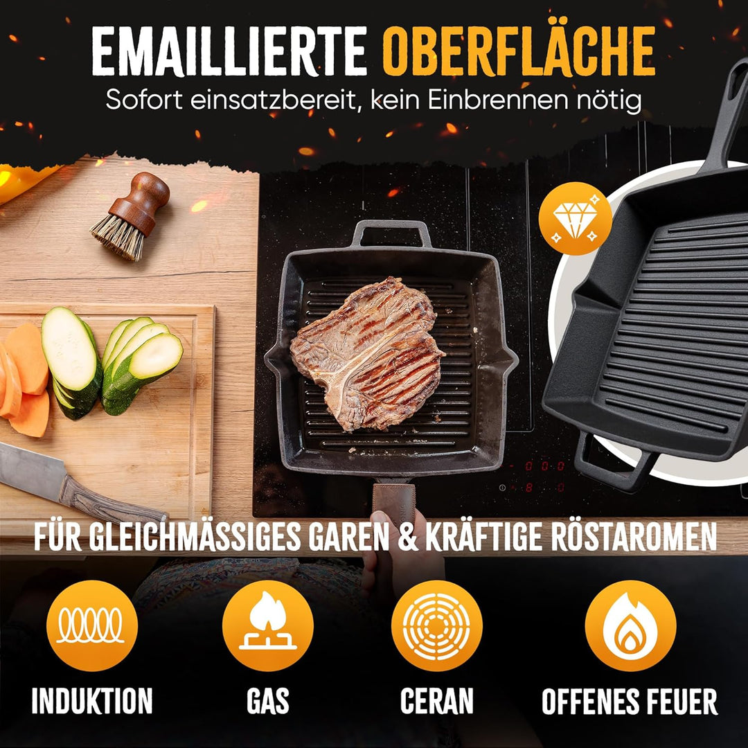 Grillpfanne Gusseisen 26 cm emailliert, voreingebrannt [Kein Einbrennen erforderlich], Steakpfanne g