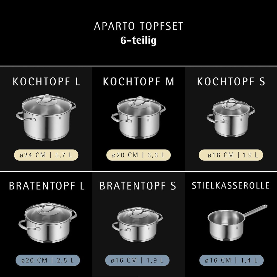WMF Aparto Vorteils Topfset Induktion 6-teilig, Kochtopf Set mit Glasdeckel, Cromargan Edelstahl pol