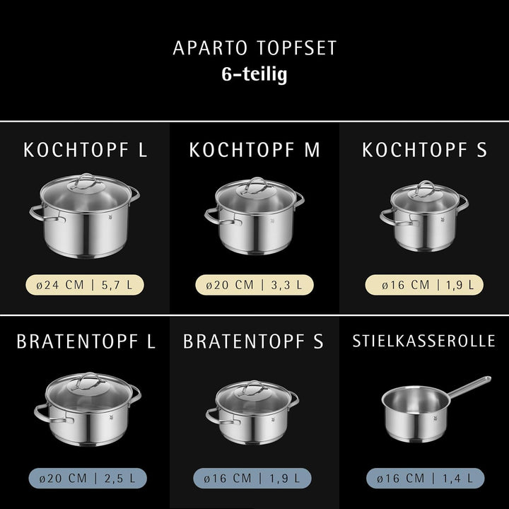 WMF Aparto Vorteils Topfset Induktion 6-teilig, Kochtopf Set mit Glasdeckel, Cromargan Edelstahl pol