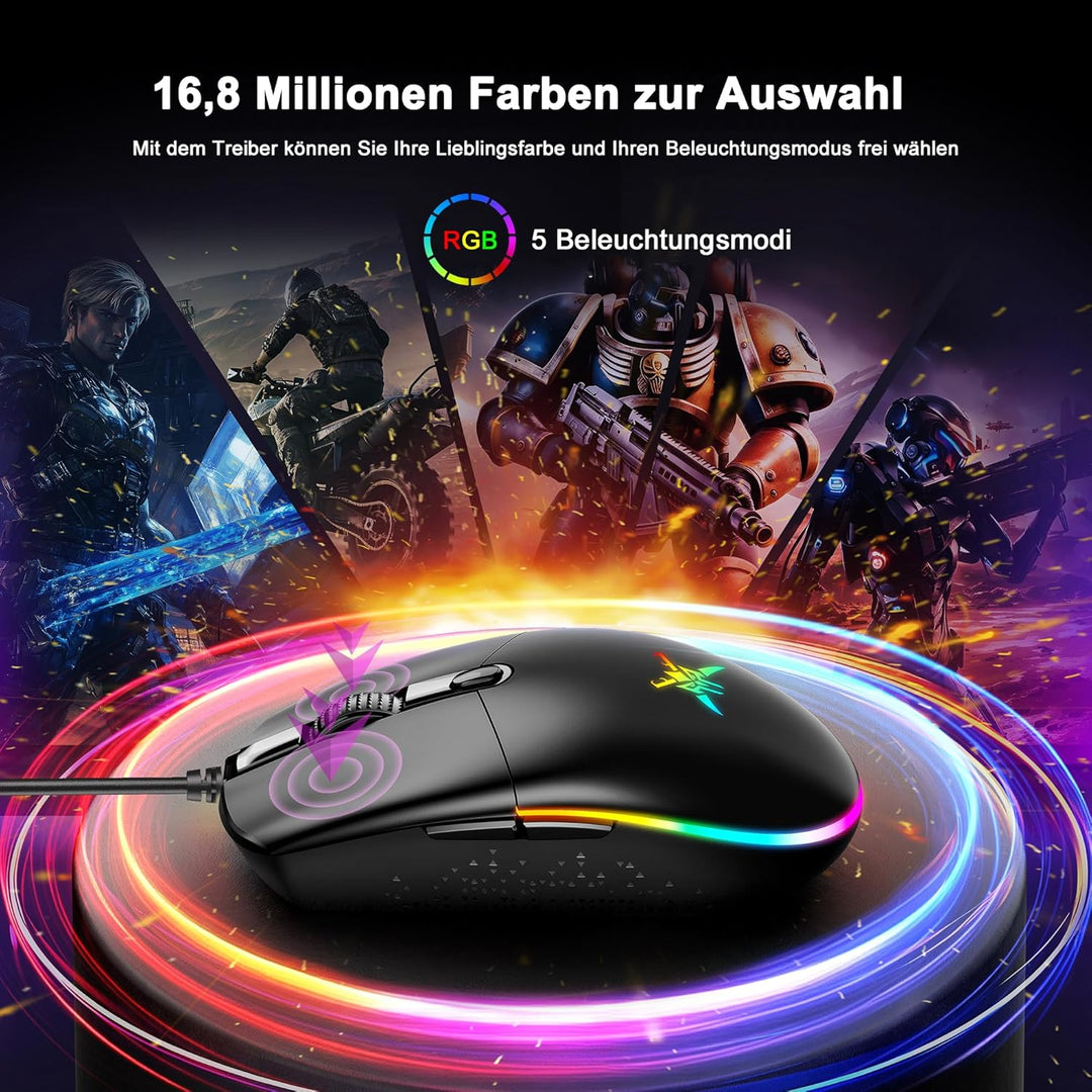 TECKNET RGB Gaming Maus mit Kabel, 10000 DPI Kabelgebundene Mäuse mit 6 Programmierbare Tasten und A