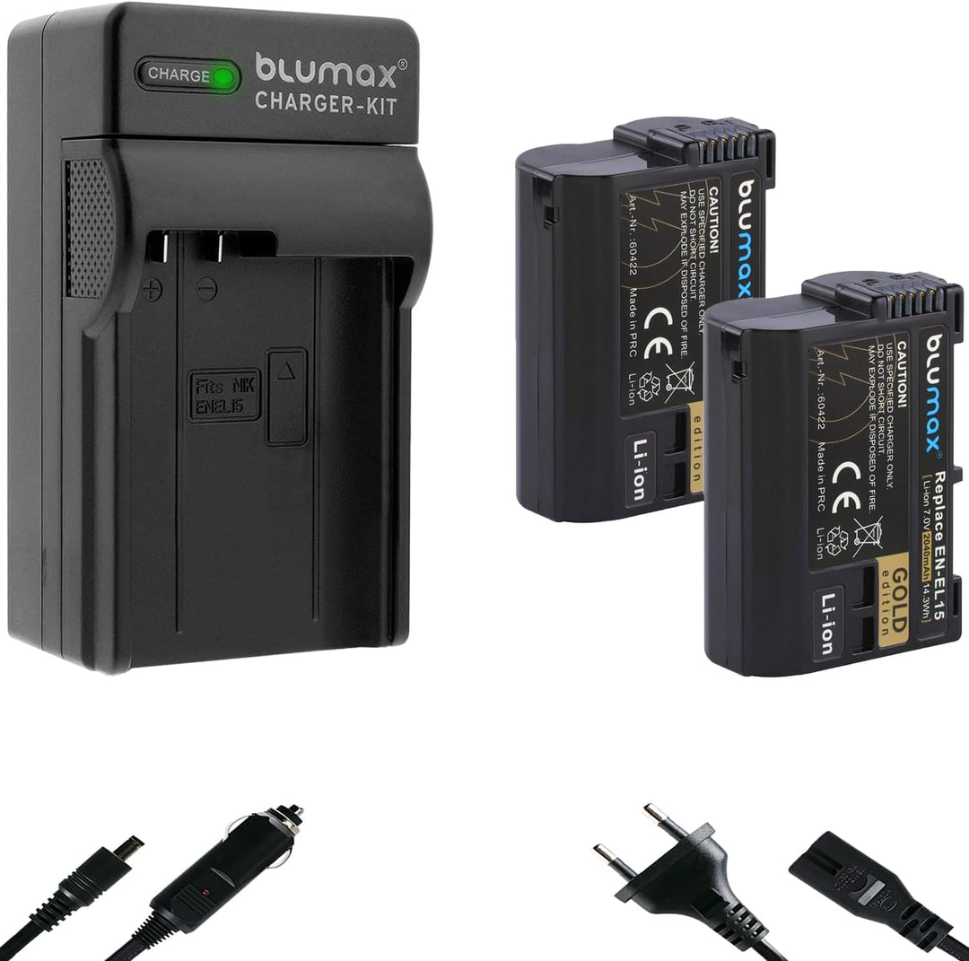 2X Blumax Gold Edition Akku EN-EL15a 15b 15c 2040mAh + Ladegerät EN-EL15 | kompatibel mit Nikon D780