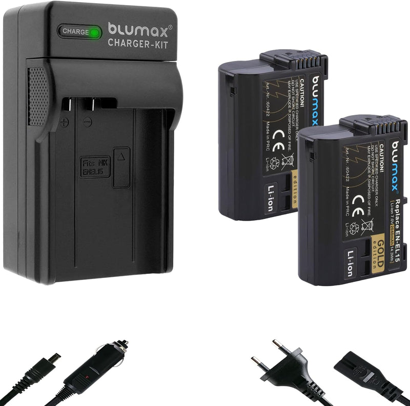 2X Blumax Gold Edition Akku EN-EL15a 15b 15c 2040mAh + Ladegerät EN-EL15 | kompatibel mit Nikon D780