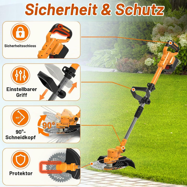 Rasentrimmer mit Akku und Unkrautbürste, 21V Akku Freischneider 2 Akku 4.0Ah, 24CM Schnittbreite Akk