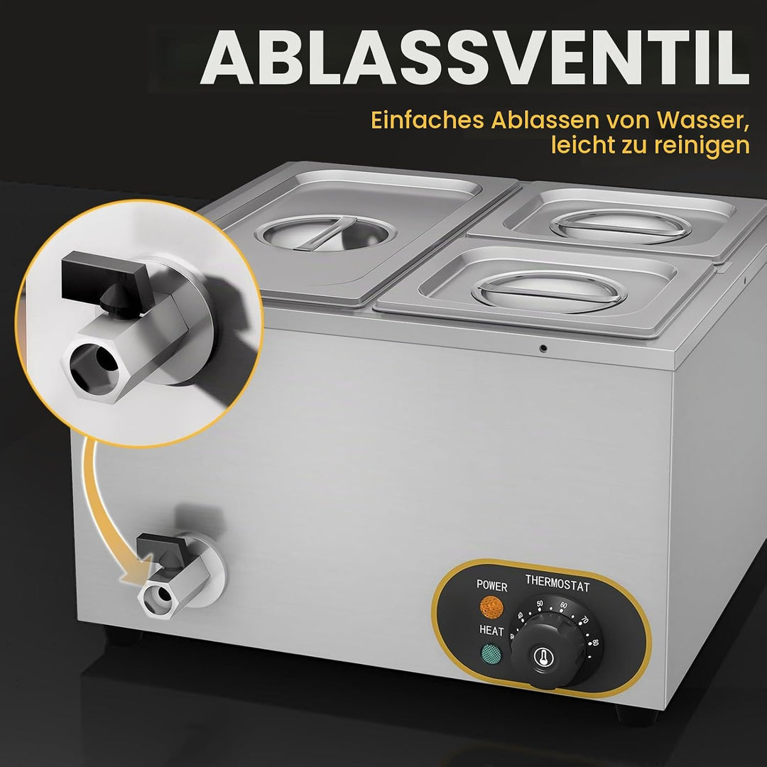 MOOTACO Elektrischer Wasserbad aus Edelstahl, Speisenwärmer Buffet, 1 x 1/3 GN Behälter + 2 x 1/6, m
