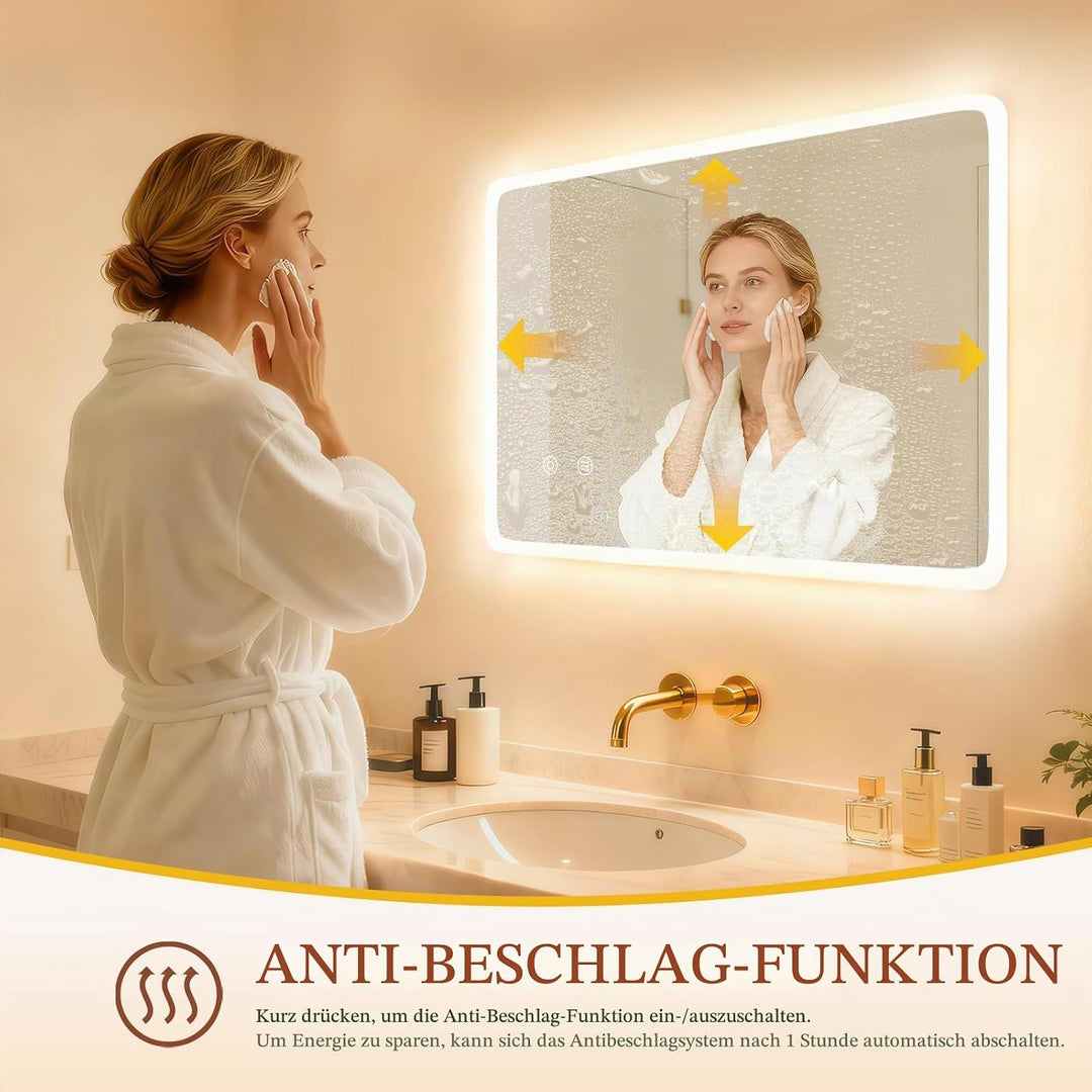 Clevich Badspiegel mit Beleuchtung 80×60 cm, LED Spiegel mit 3 Lichtfarben dimmbar, gehärtetes Glas