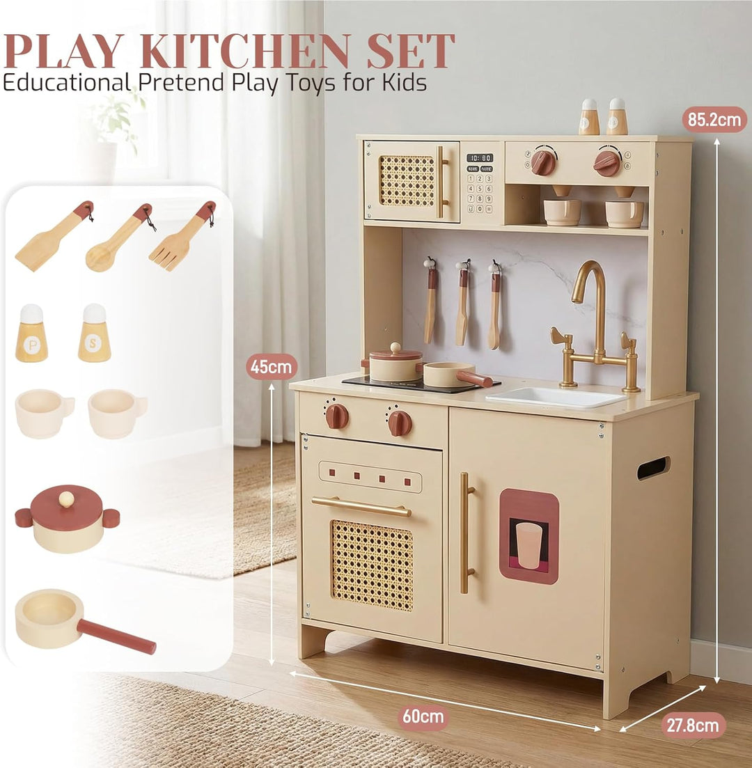 WoodenFun Rosa Retro Kinderküche aus Holz Creme-Beige Spielküche mit Mikrowelle, Backofen, Spüle & Z