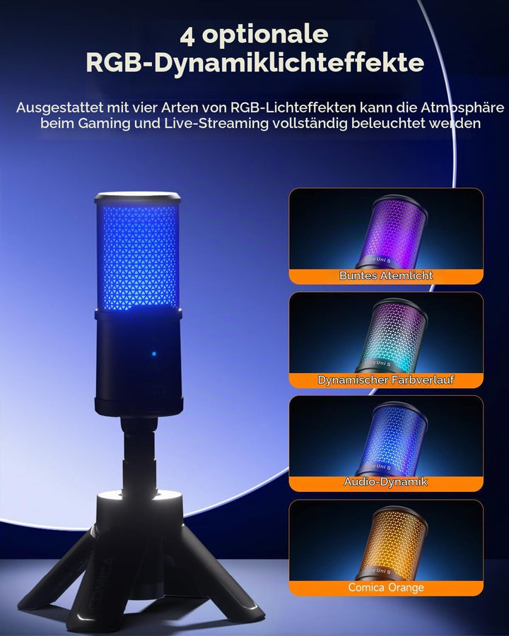 COMICA Ejoy Uni S USB Gaming Mikrofon mit RGB, 48kHz/24Bit, Noise Cancellation Kardioid-Kondensator