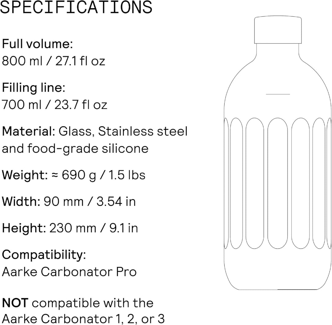 Aarke Glasflasche für Wassersprudler Carbonator Pro, Spülmaschinenfeste, mit Details in Edelstahl