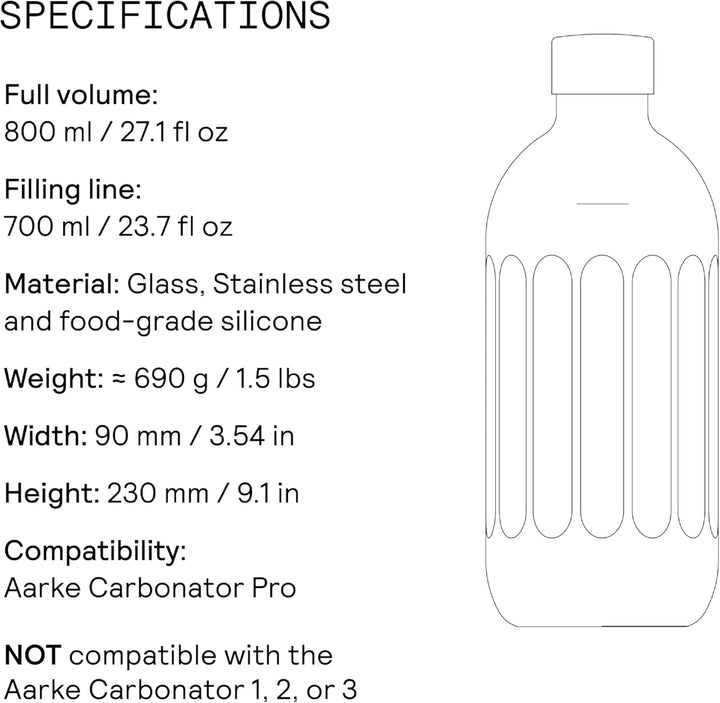 Aarke Glasflasche für Wassersprudler Carbonator Pro, Spülmaschinenfeste, mit Details in Edelstahl