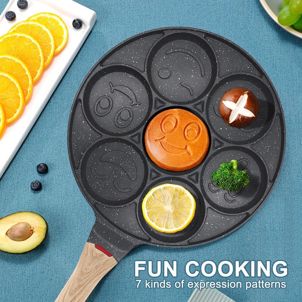 Bobikuke Pancake Pfanne Induktion, Antihaft Pancake Maker 7 Löcher mit Smiley-Gesichtern Spiegelei-P